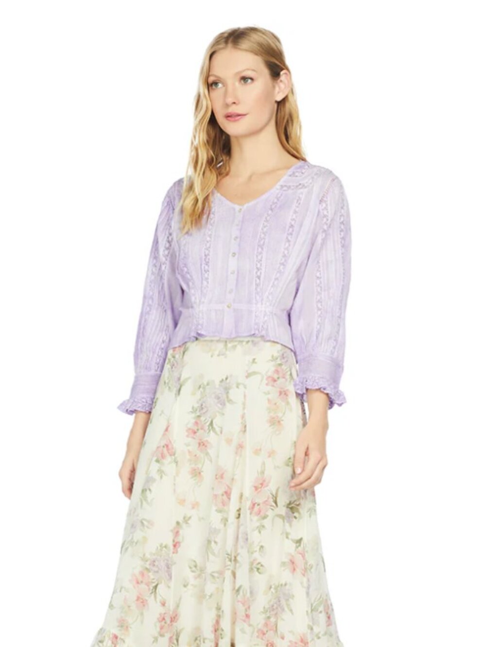 LoveShackFancy Lavender Cotton Pintuck Lace Button-Front Blouse